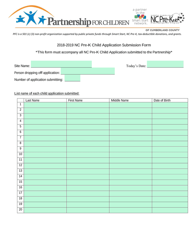 2018 2019 NC Pre K Child Application Submission Form screenshot