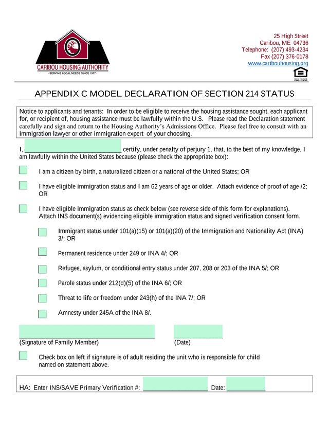 APPENDIX C MODEL DECLARATION OF SECTION 214 STATUS screenshot