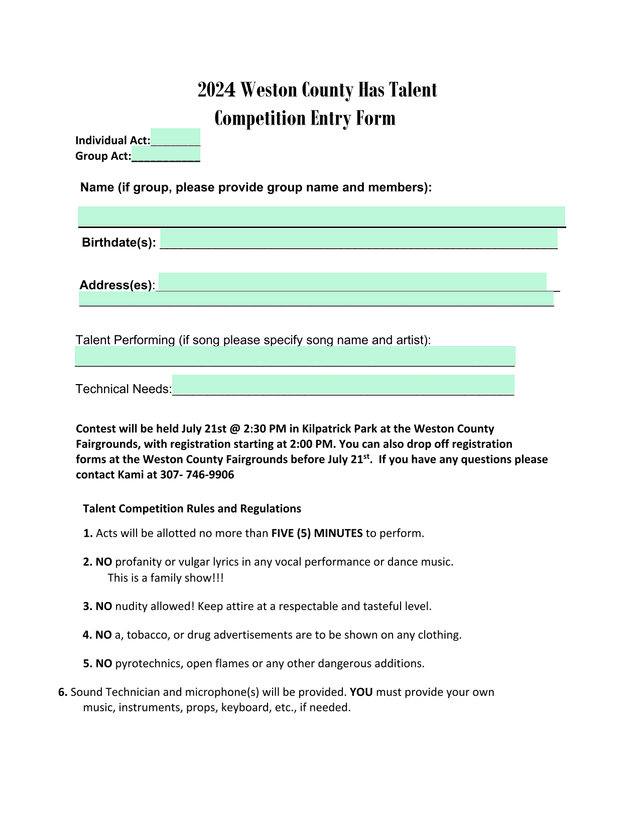 2024 Weston County Has Talent Competition Entry Form screenshot