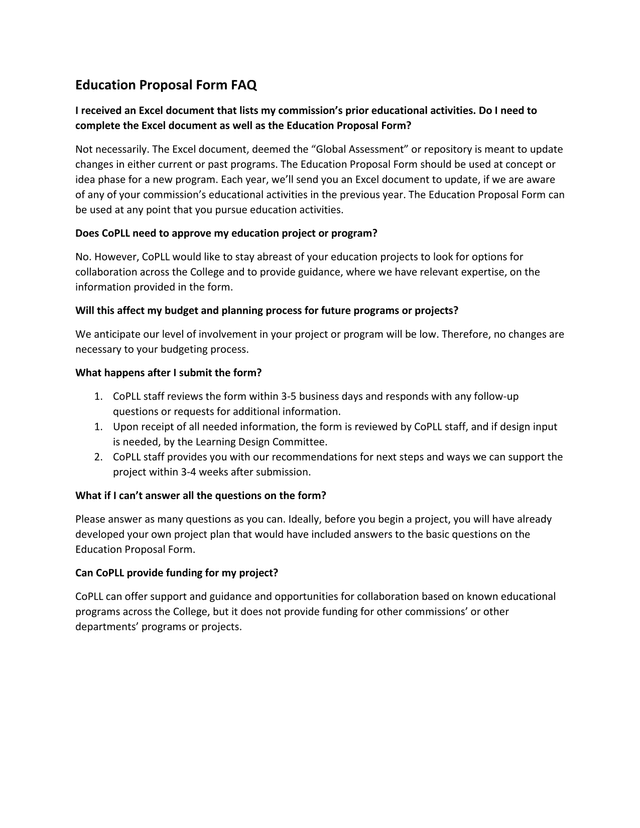 Education Proposal Form FAQ screenshot