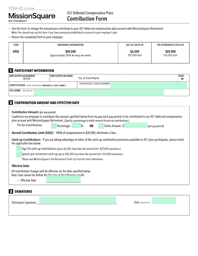457 Deferred Compensation Plans Contribution Form screenshot