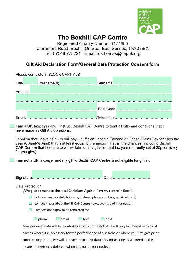 Gift Aid Declaration FormGeneral Data Protection Consent Form screenshot