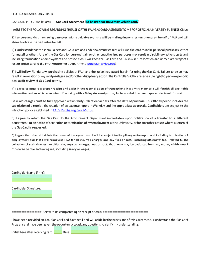 FAU Gas Card Program (GCard) Agreement screenshot