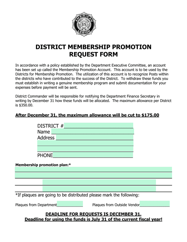 DISTRICT MEMBERSHIP PROMOTION REQUEST FORM screenshot