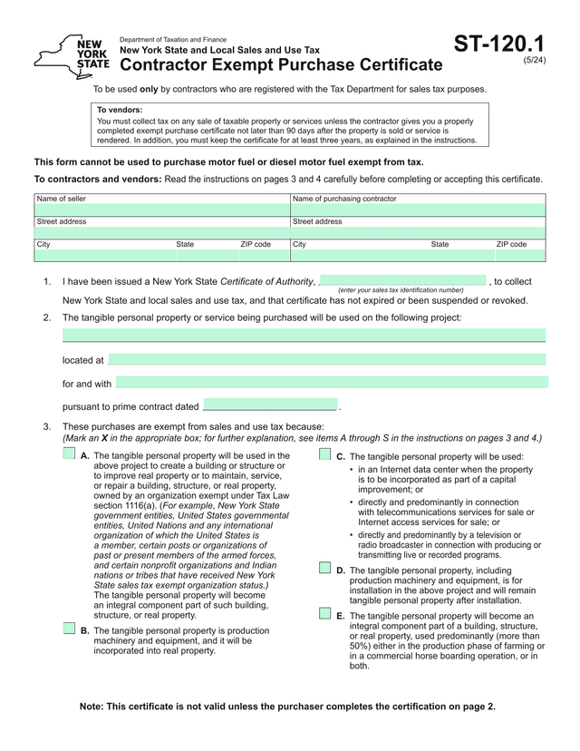 Contractor Exempt Purchase Certificate screenshot