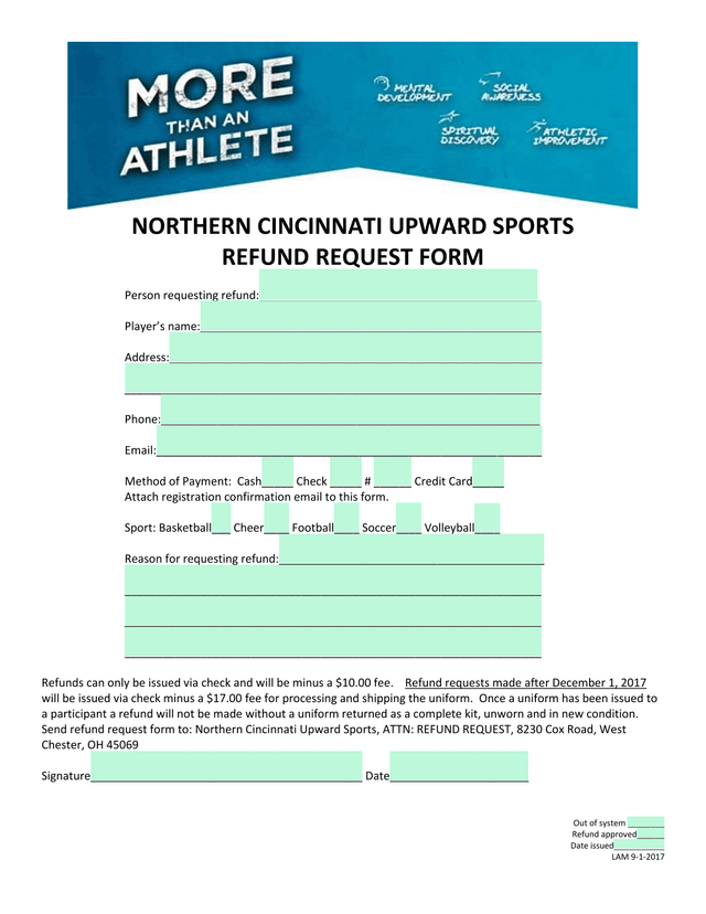 NORTHERN CINCINNATI UPWARD SPORTS REFUND REQUEST FORM screenshot