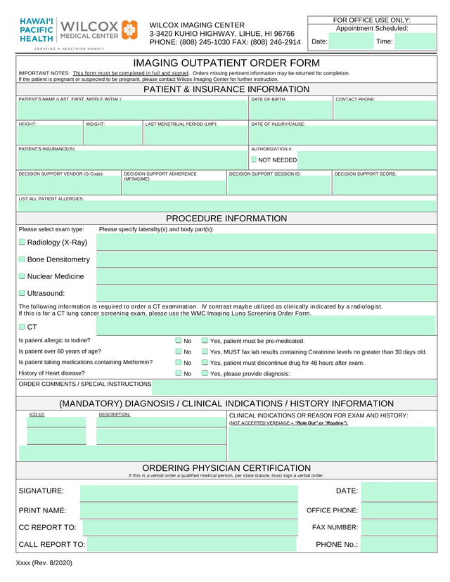 Imaging Outpatient Order Form screenshot