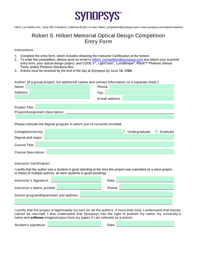 Robert S. Hilbert Memorial Optical Design Competition Entry Form screenshot