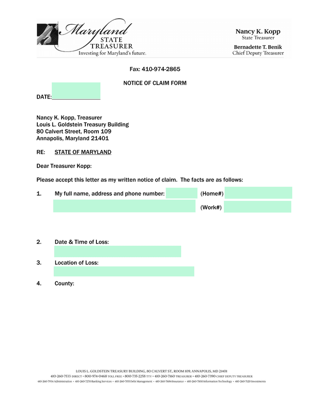 NOTICE OF CLAIM FORM screenshot