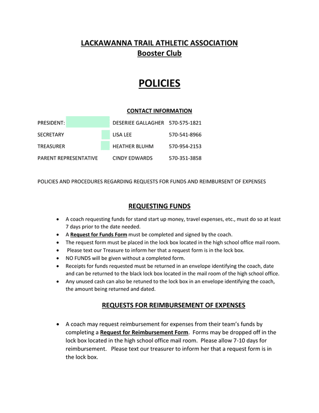 Lackawanna Trail Athletic Association Booster Club Policies screenshot