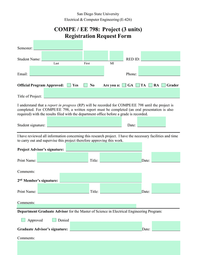COMPE  EE 798 Project Registration Request Form screenshot