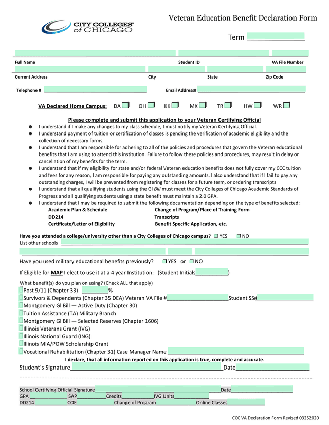 Veteran Education Benefit Declaration Form screenshot