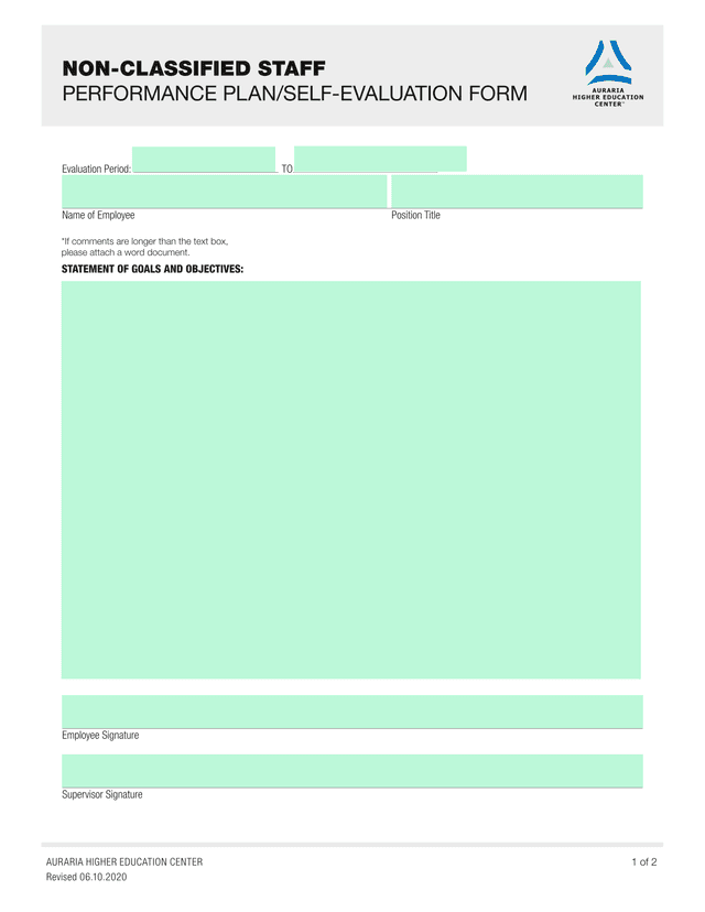 NON CLASSIFIED STAFF PERFORMANCE PLANSELF EVALUATION FORM screenshot