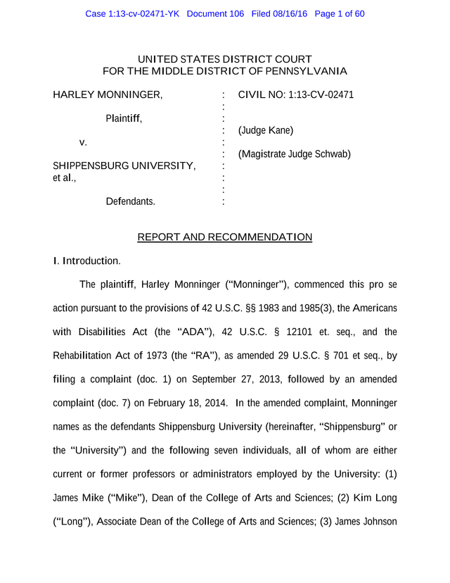 REPORT AND RECOMMENDATION   Monninger V. Shippensburg University screenshot