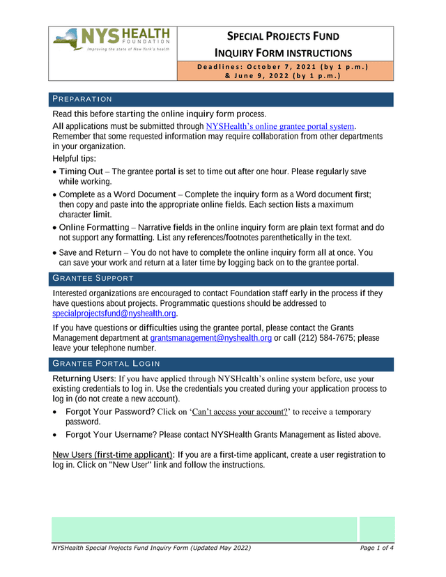 Special Projects Fund Inquiry Form Instructions screenshot