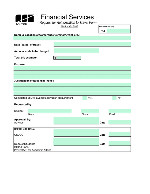 Request For Authorization To Travel Form screenshot