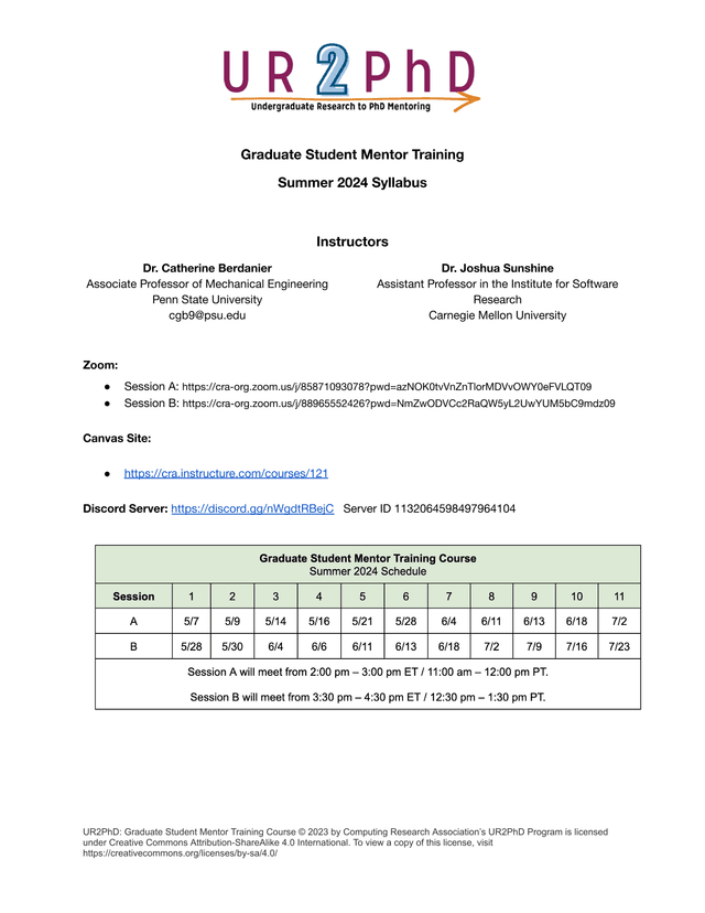 Graduate Student Mentor Training Summer 2024 Syllabus screenshot