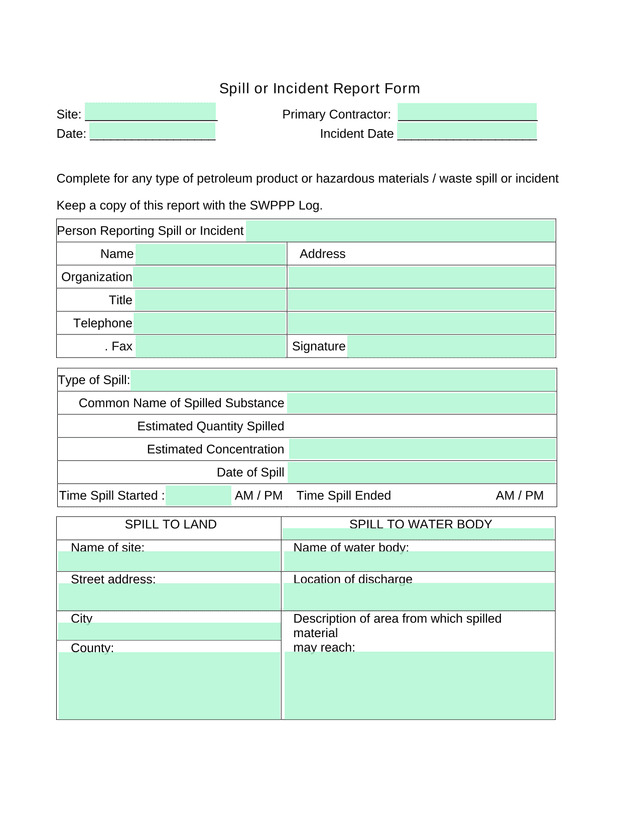 Spill Or Incident Report Form screenshot
