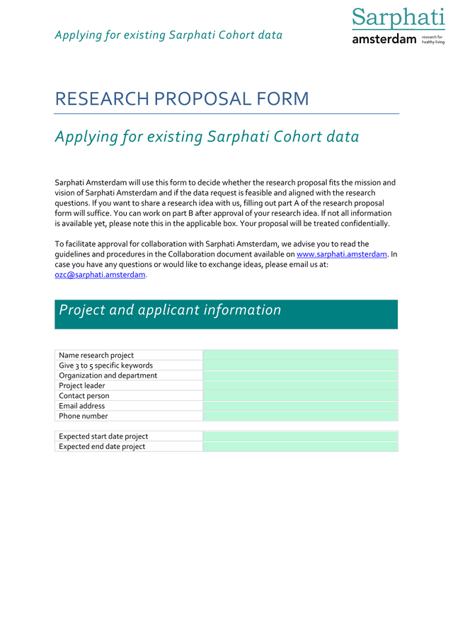 Applying For Existing Sarphati Cohort Data   Research Proposal Form screenshot