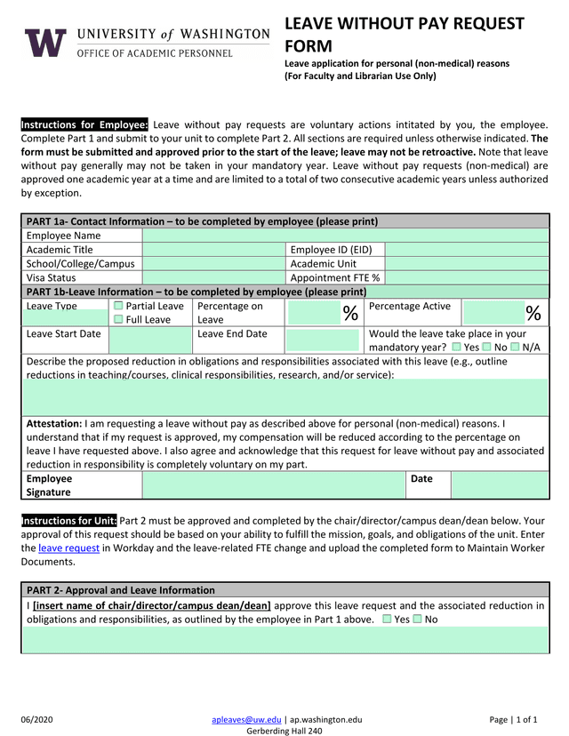 Leave Without Pay Request Form screenshot