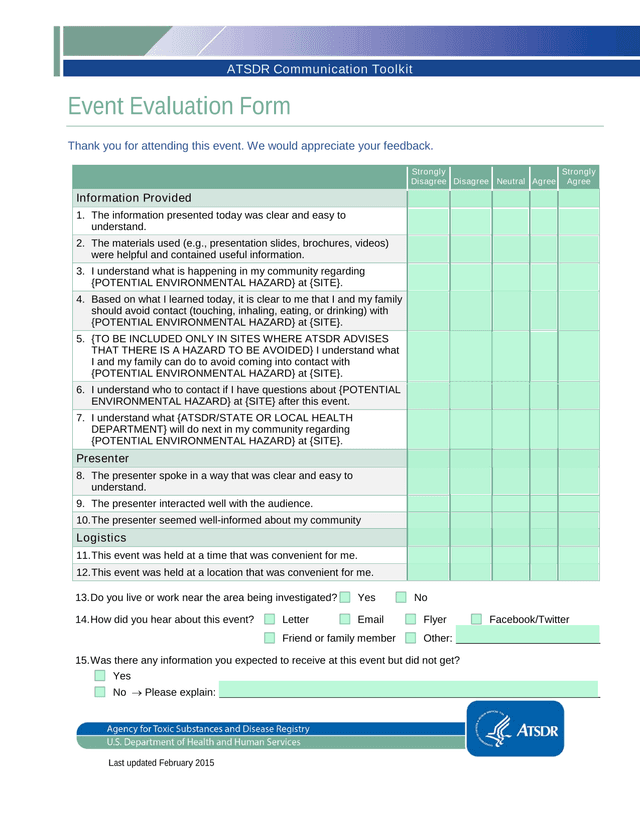 ATSDR Communication Toolkit Event Evaluation Form screenshot