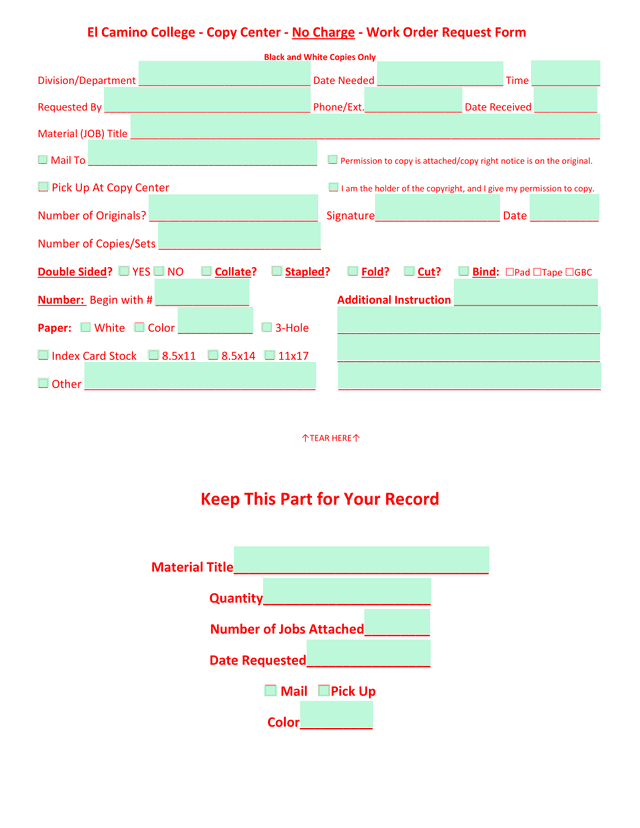 El Camino College   Copy Center   Work Order Request Form screenshot