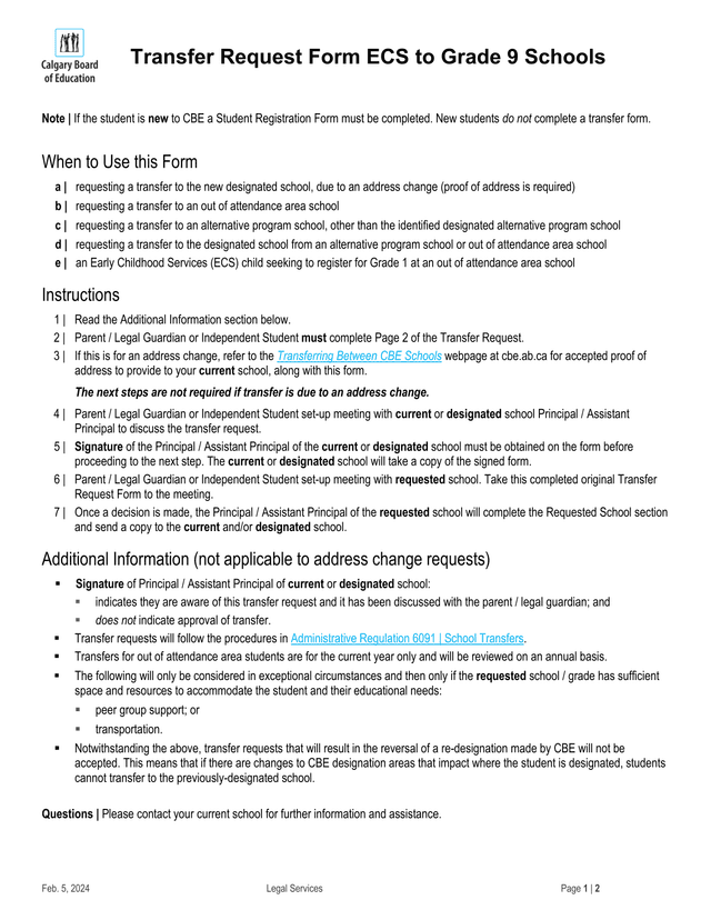Transfer Request Form ECS To Grade 9 Schools screenshot
