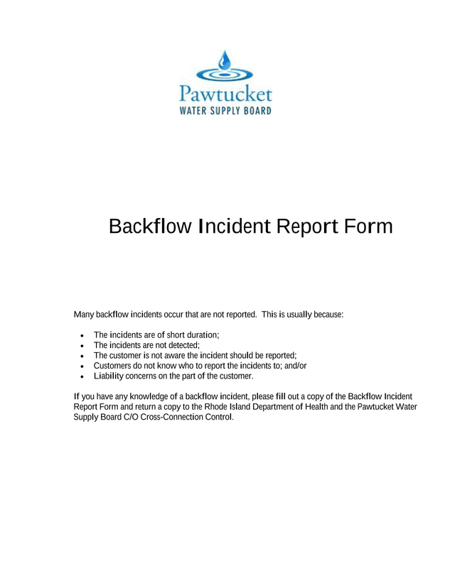 Backflow Incident Report Form screenshot