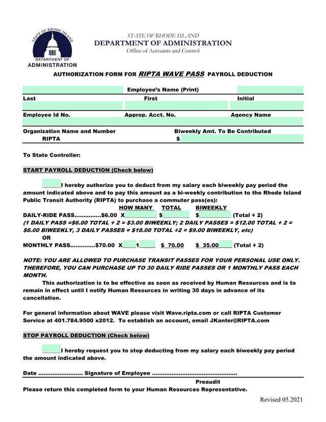 Authorization Form For RIPTA Wave Pass Payroll Deduction screenshot