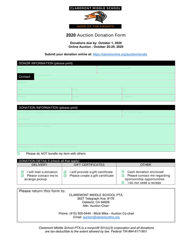 2020 Auction Donation Form screenshot