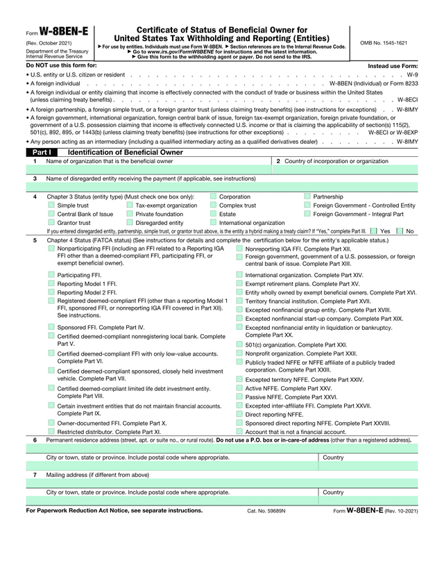 Form W 8BEN E screenshot