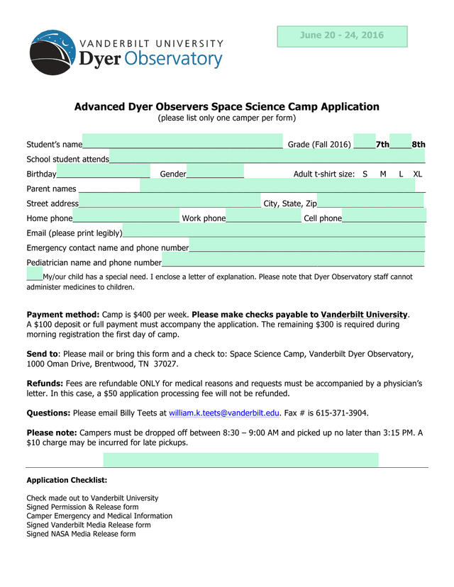 Advanced Dyer Observers Space Science Camp Application screenshot