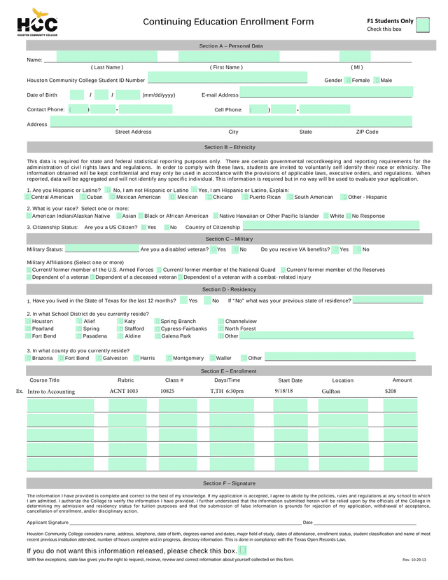 Continuing Education Enrollment Form screenshot