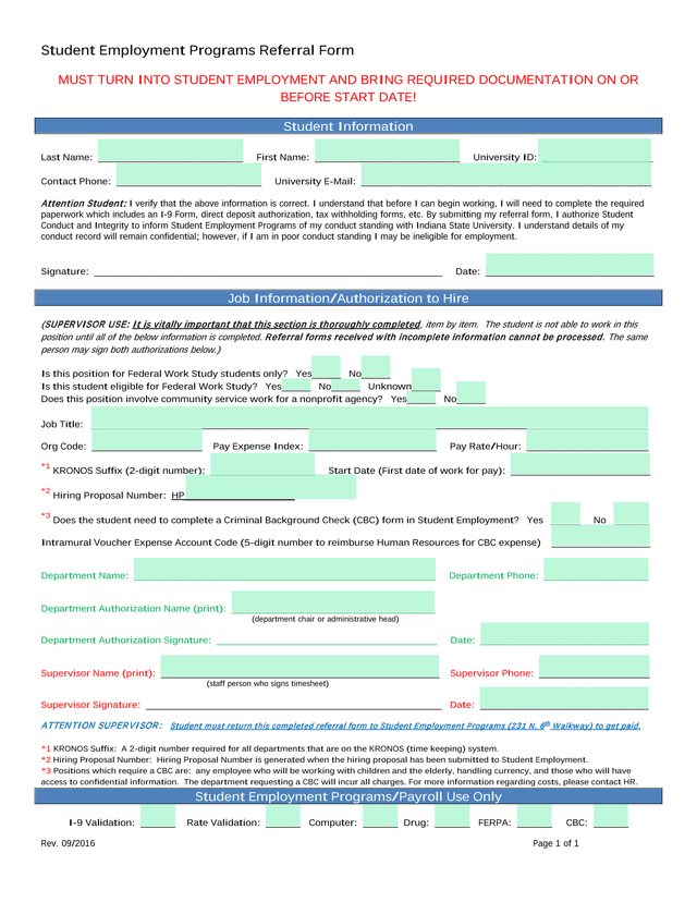 Student Employment Programs Referral Form screenshot