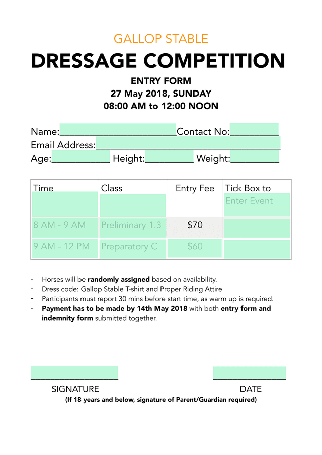 Gallop Stable Dressage Competition Entry Form screenshot