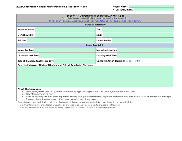 2022 Construction General Permit Dewatering Inspection Report screenshot
