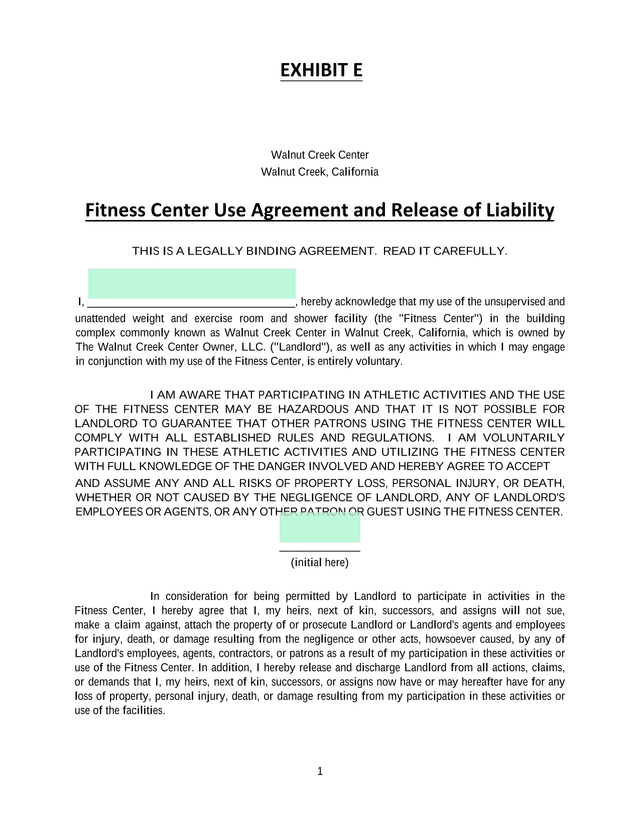 Fitness Center Use Agreement And Release Of Liability screenshot