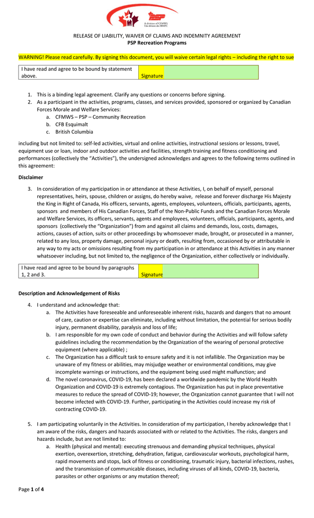 RELEASE OF LIABILITY, WAIVER OF CLAIMS AND INDEMNITY AGREEMENT PSP Recreation Programs screenshot