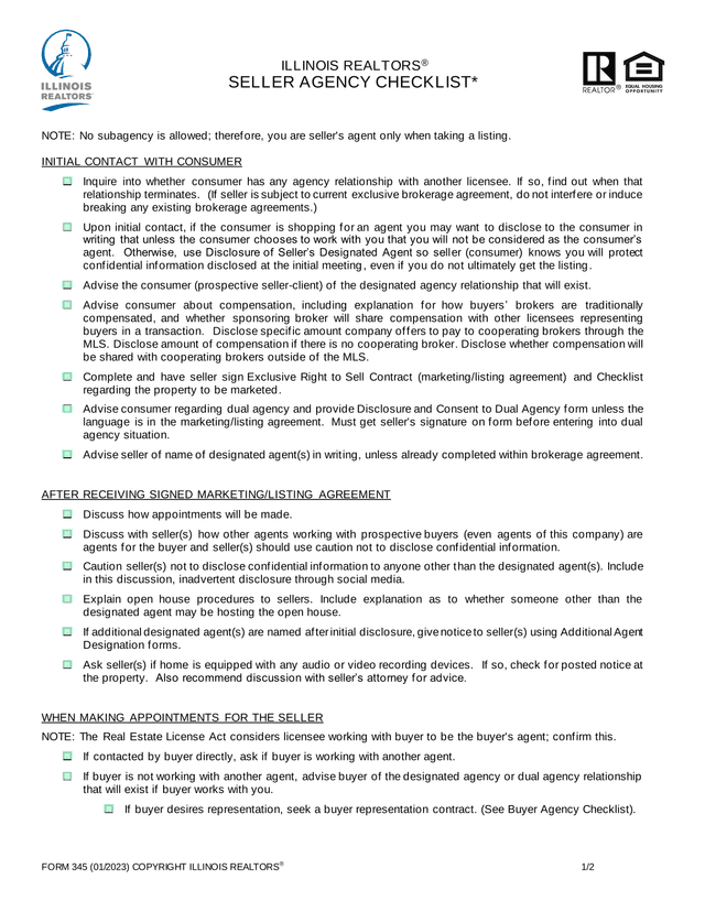 FORM 345 SELLER AGENCY CHECKLIST screenshot