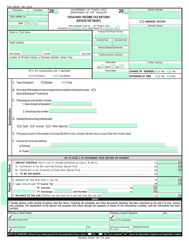 Form 480.80 Fiduciary Income Tax Return (Estate Or Trust) screenshot