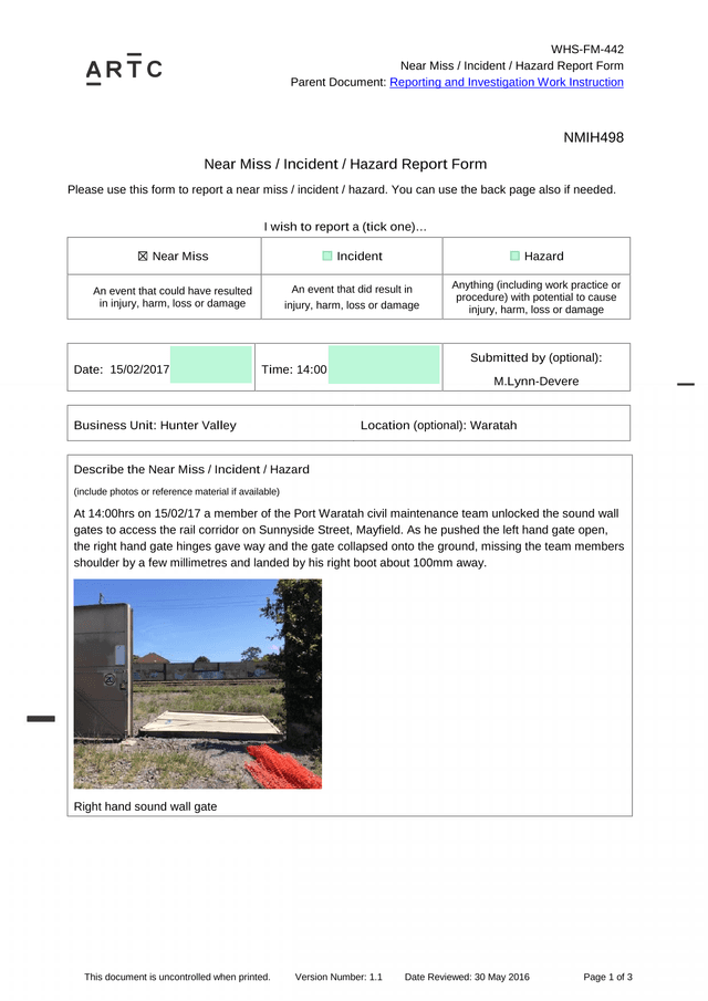 Near Miss  Incident  Hazard Report Form screenshot
