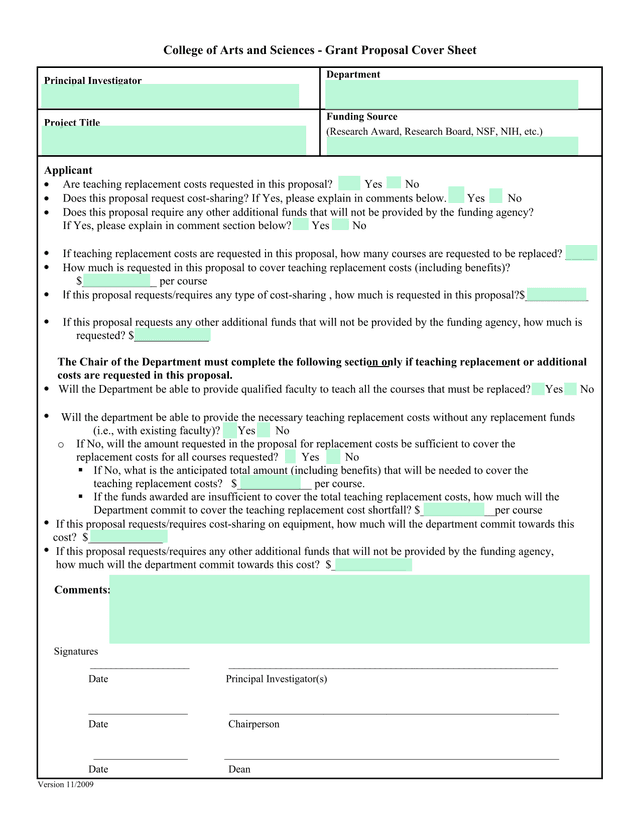 College Of Arts And Sciences   Grant Proposal Cover Sheet screenshot