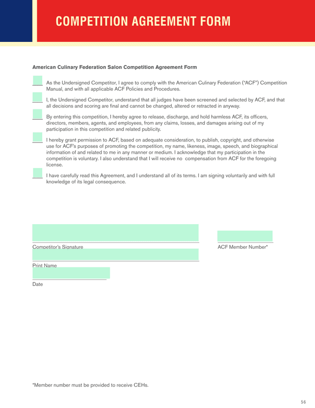 American Culinary Federation Salon Competition Agreement Form screenshot