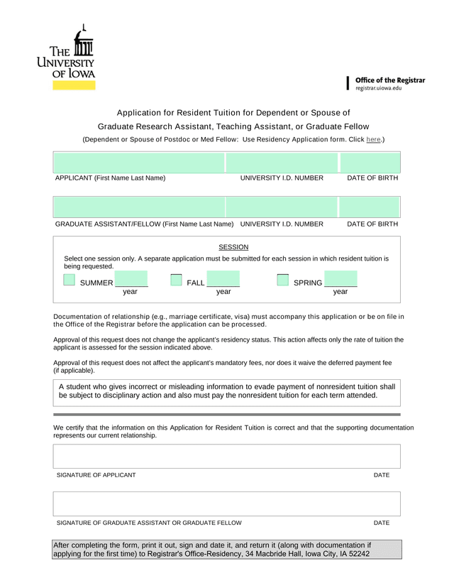 Application For Resident Tuition For Dependent Or Spouse Of Graduate Research Assistant, Teaching As screenshot