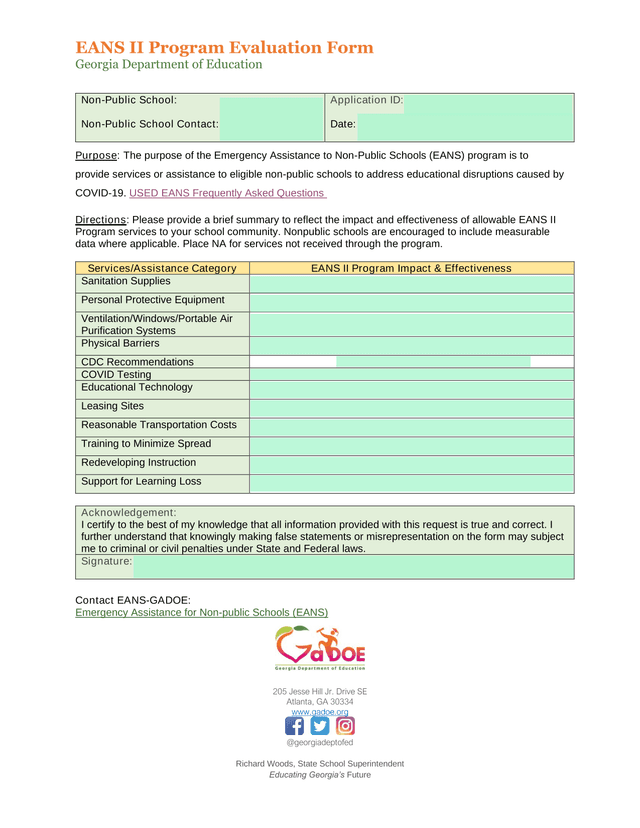 EANS II Program Evaluation Form screenshot