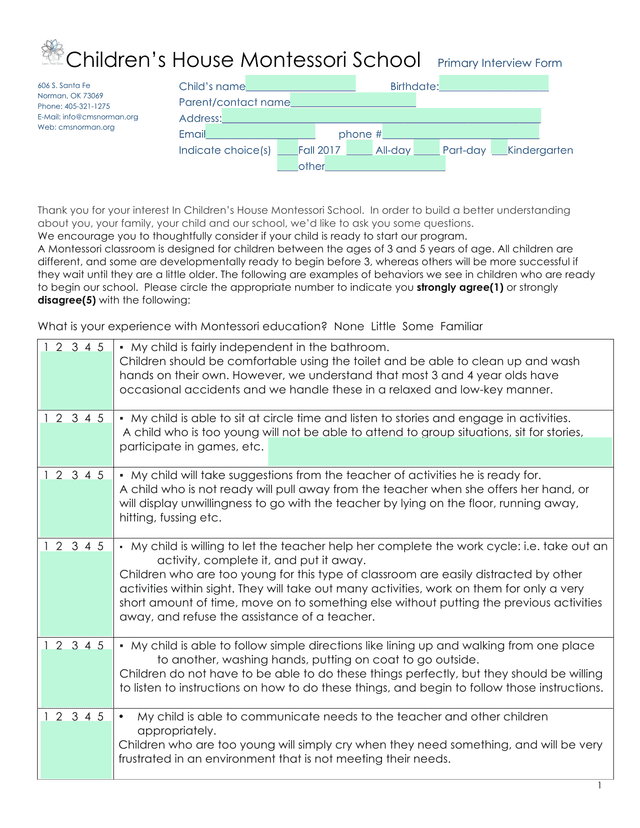 ChildrenS House Montessori School Primary Interview Form screenshot
