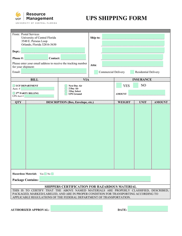 UPS Shipping Form screenshot