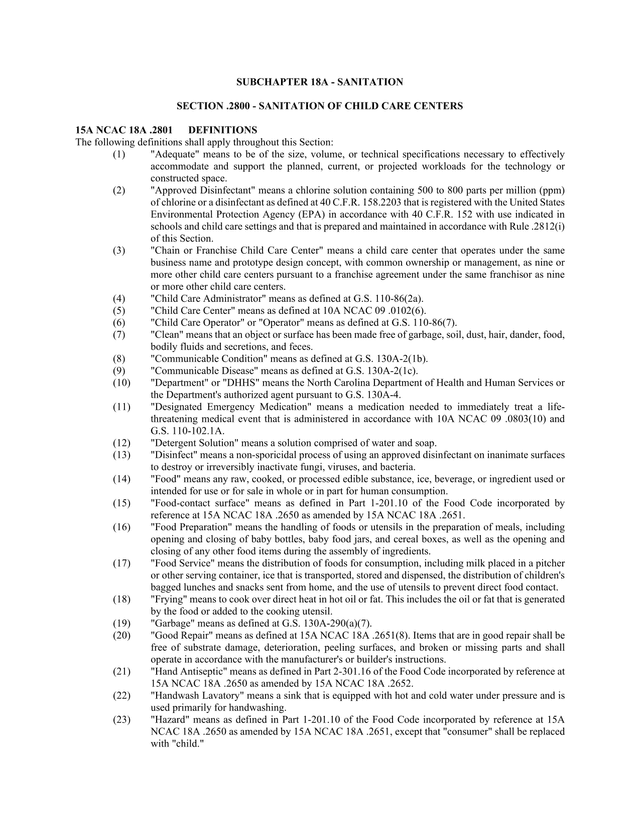 Sanitation Of Child Care Centers Definitions screenshot