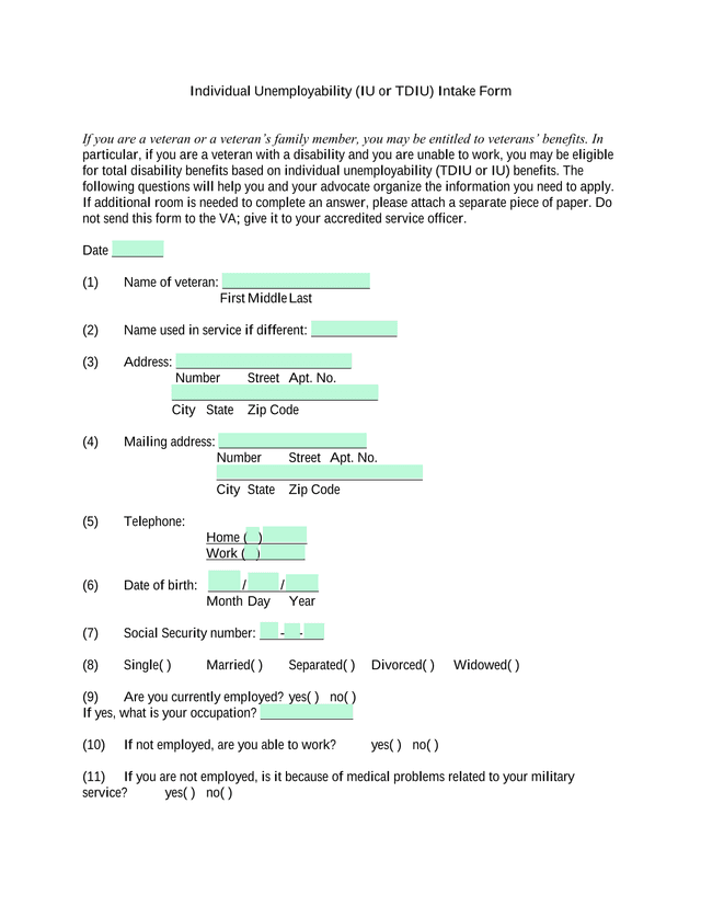 Individual Unemployability (IU Or TDIU) Intake Form screenshot
