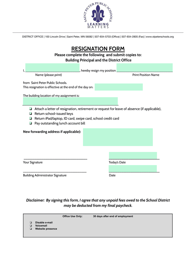 RESIGNATION FORM screenshot